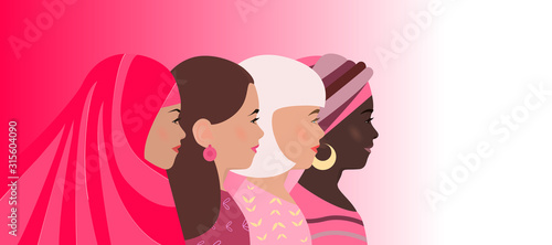 International Women's Day. Template postcard, poster, flyer. Female characters of different nationalities, cultures together. Concept of feminism, friendship. Womens Day card. Pink background