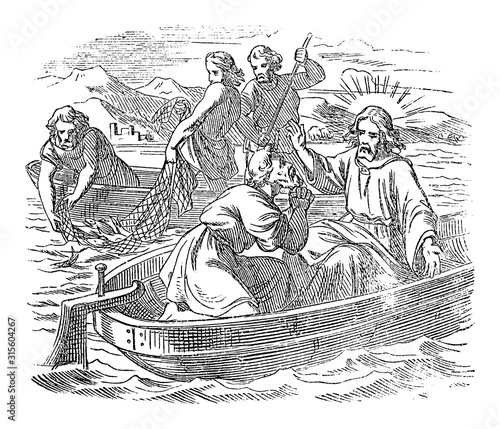 Vintage drawing or engraving of biblical story of Jesus and the miraculous catch of fish. Fishing on sea of Galilee.Bible, New Testament,John 21. Biblische Geschichte , Germany 1859.