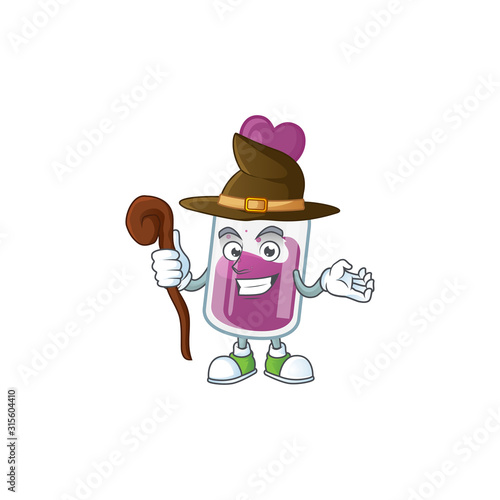 cartoon mascot style of purple potion dressed as a witch