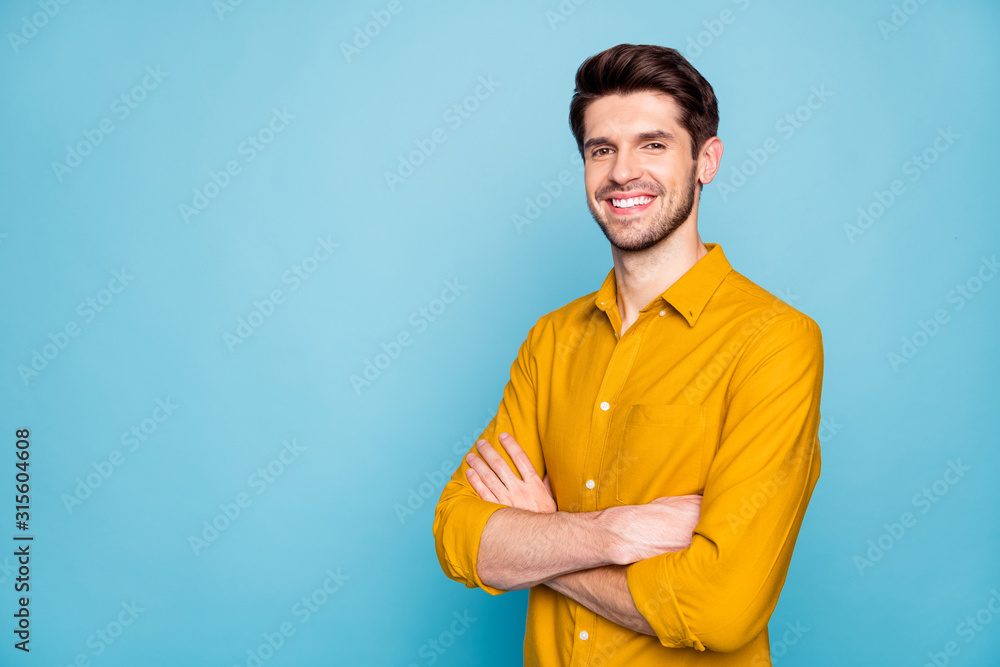 Profile side view portrait of his he nice attractive content cheerful cheery brown-haired guy folded arms isolated over bright vivid shine vibrant blue green turquoise color background - obrazy, fototapety, plakaty 