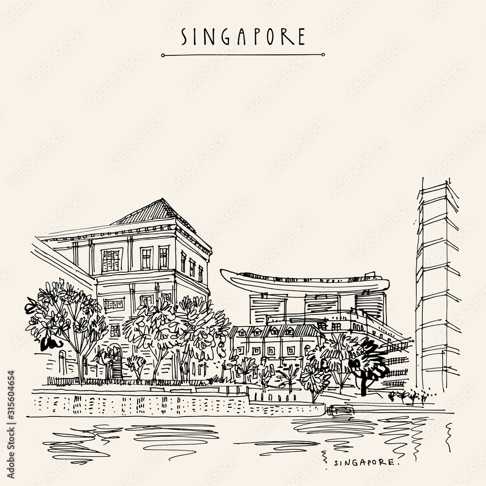 Fototapeta Singapore waterfront. City view from water. Travel sketch. Vintage travel postcard, poster