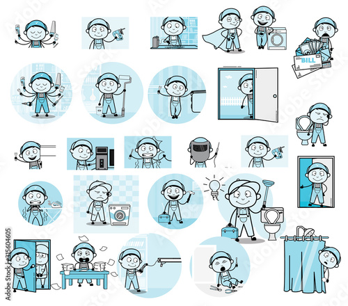 Different Types Comic Repairman Character - Set of Concepts Vector illustrations