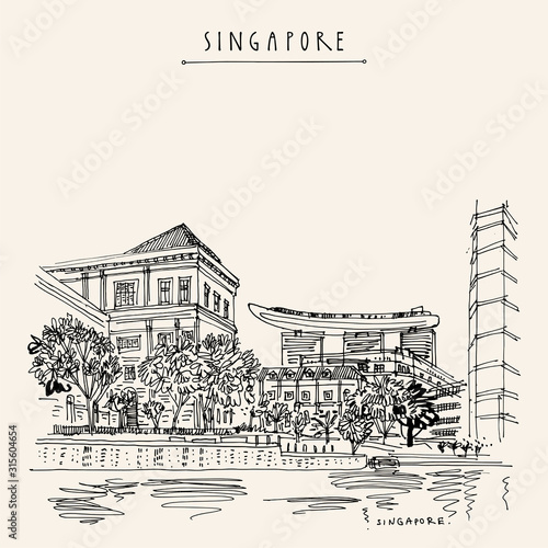 Singapore waterfront. City view from water. Travel sketch. Vintage travel postcard, poster