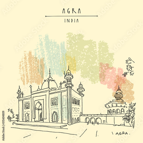 Agra, India. Mosque at Taj Mahal complex. Old historical architecture. Taj Mahal Mausoleum is a famous historical landmark. Hand drawn travel postcard