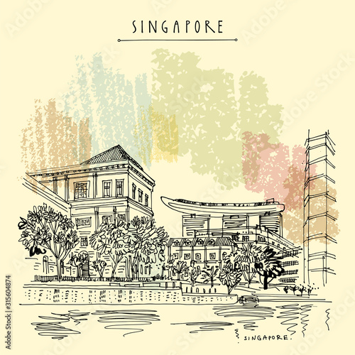 Singapore waterfront. City view from water. Travel sketch. Vintage travel postcard, poster