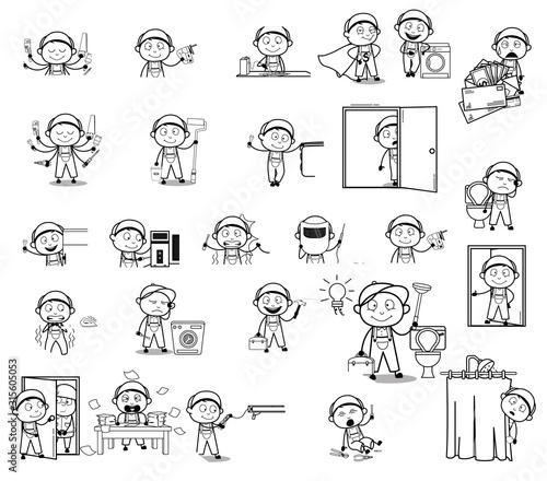 Drawing of Cartoon Serviceman Character - Set of Concepts Vector illustrations