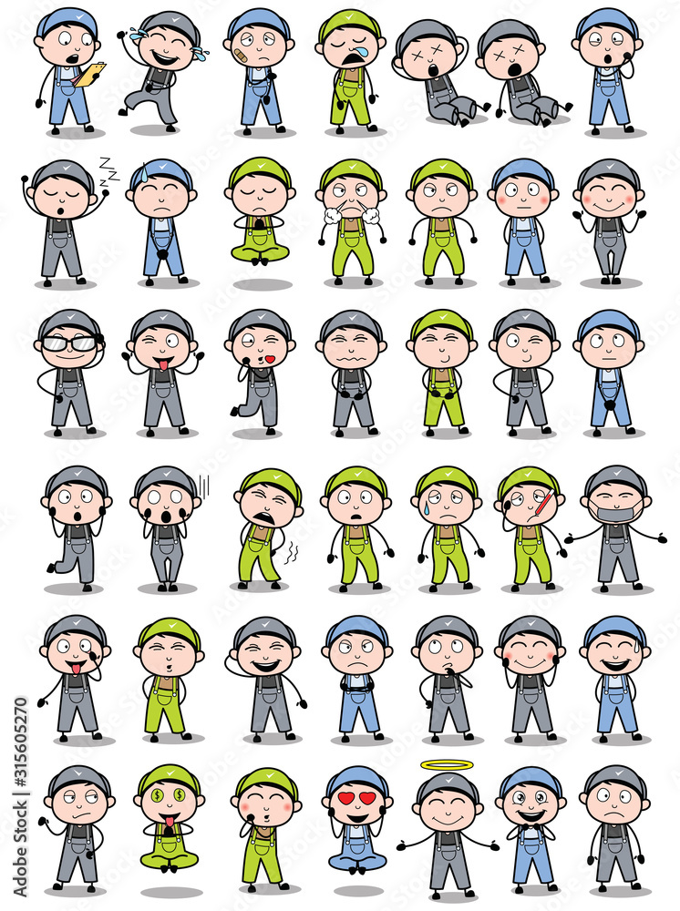 Poses of Cartoon Repairman Character - Set of Concepts Vector illustrations Poses of Cartoon Repairman Character - Set of Concepts Vector illustrations