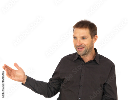 Young man smiling and talking portrait isolated on white