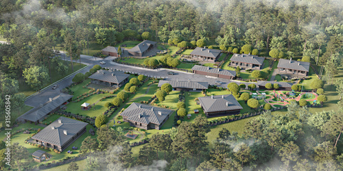 Aerial view of a townhouse village / gated community in the foggy morning, 3d rendering