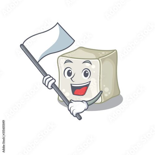 Funny sugar cube cartoon character style holding a standing flag