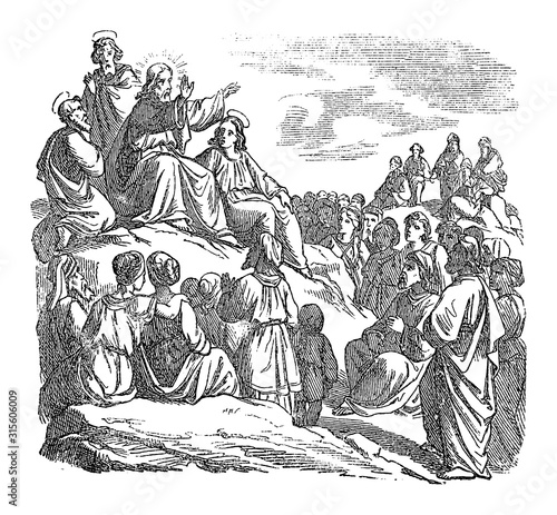 Vintage drawing or engraving of biblical story of Jesus teaching the crowd, sermon on the mount. Bible, New Testament,Mathew 5. Biblische Geschichte , Germany 1859.