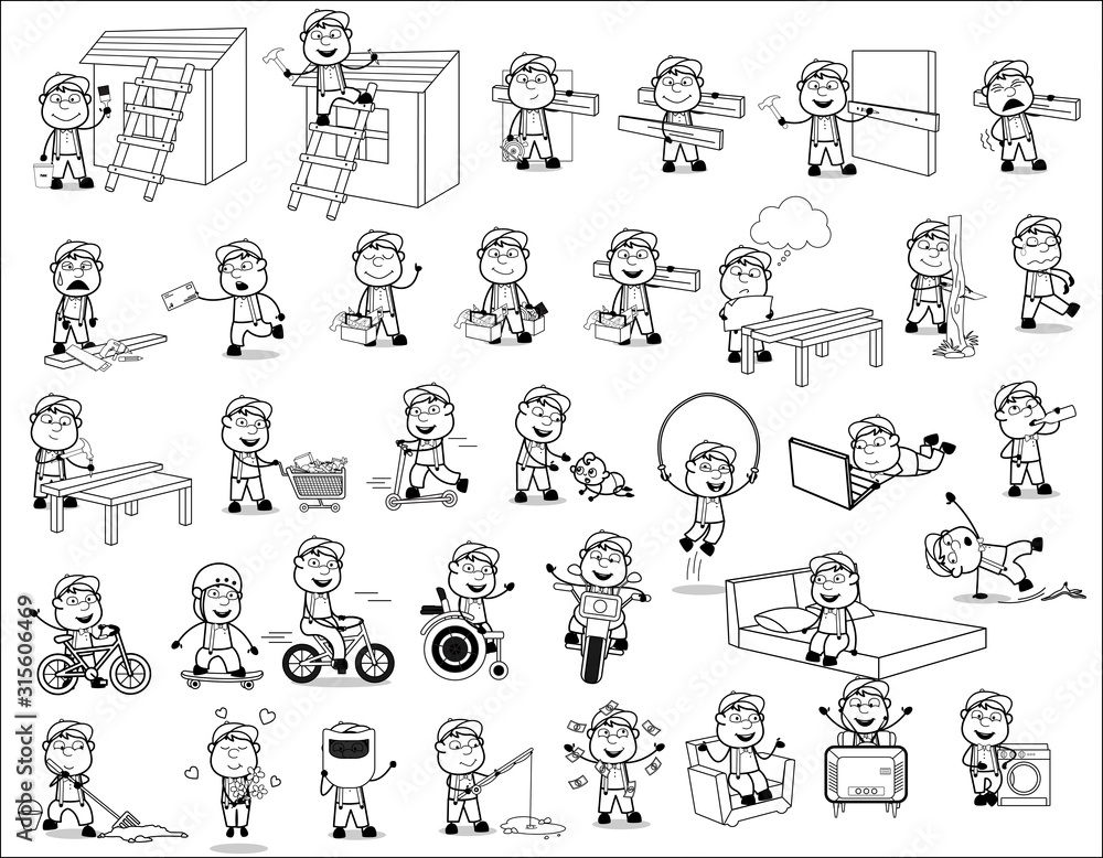 Carpenter Comic Character - Set of Concepts Vector illustrations