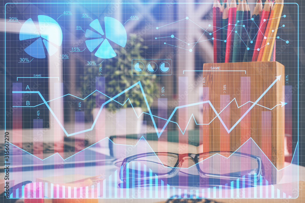 Financial chart hologram with glasses on the table background. Concept of business. Double exposure. Financial chart hologram with glasses on the table background. Concept of business. Double exposure.