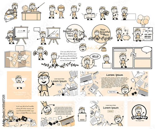 Various Vintage Young Cartoon Carpenter Character - Set of Concepts Vector illustrations