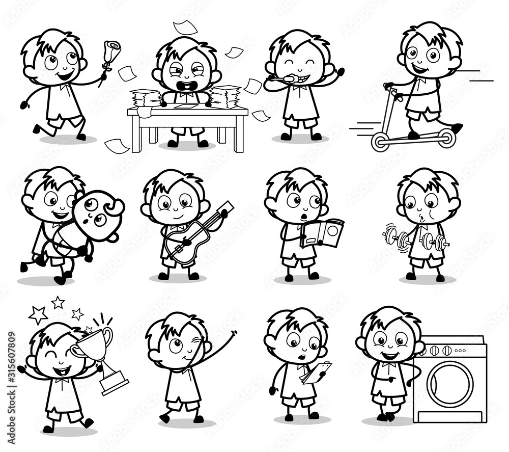 Comic Retro Office Guy Characters - Set of Concepts Vector illustrations Comic Retro Office Guy Characters - Set of Concepts Vector illustrations