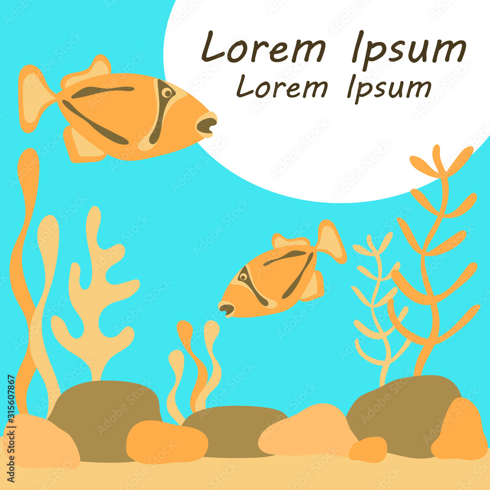 Naklejka premium Vector underwater world. Silhouette of fish and algae. Ocean, river or aquarium . Nature, animals, plants. Space for your text.