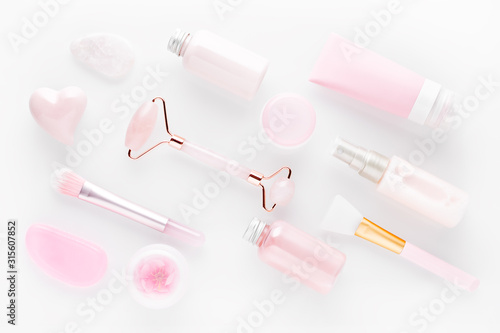 natural beauty products on white background, flat lay
