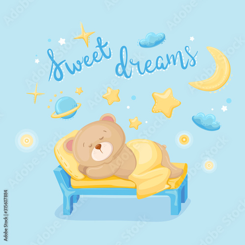 Cute cartoon bear sleeping under the yellow blanket. Moon, stars, planet and clouds on blue background. Hand drawn lettering sweet dreams. Vector set elements for kids. Colorful illustration.