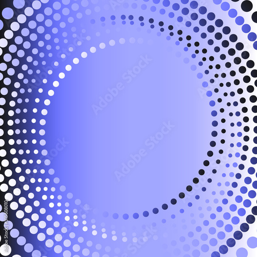 Circles of dots. One circle in another. In the center there is a place for an inscription or logo. Gradient staining - white, blue and gray. As a background or frame for design elements.