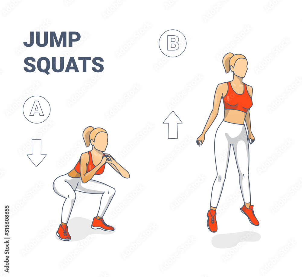 Girl doing Jump Squats silhouettes. Squatting jumps illustration concept. Girl doing Jump Squats silhouettes. Squatting jumps illustration concept.