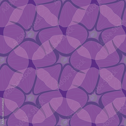 Seamless pattern of translucent morning glory flowers on purple background