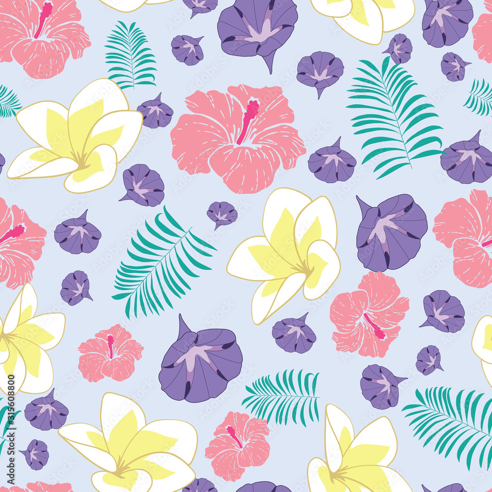 Seamless floral pattern with plumeria, hibiscus, morning glory, and palm leaf