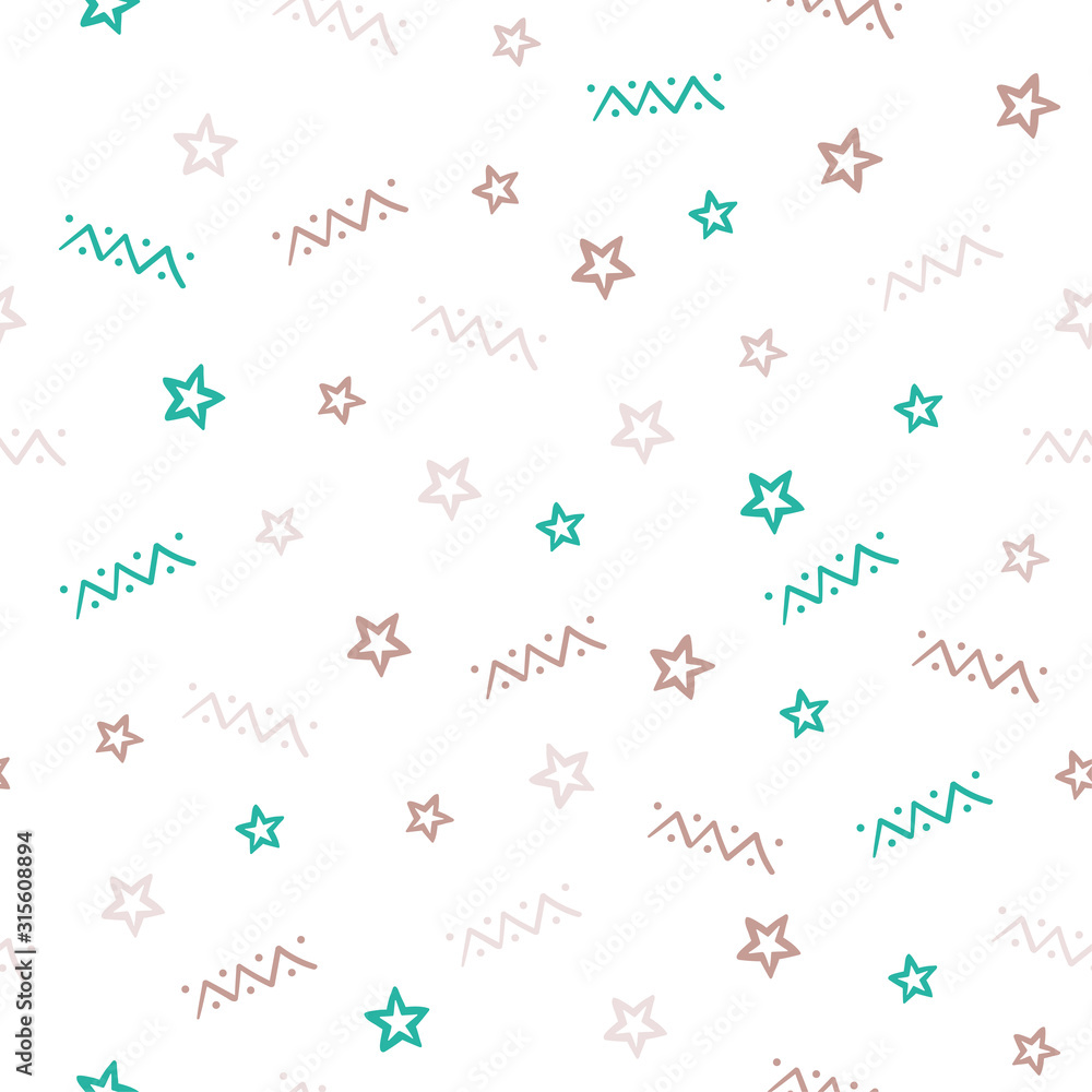 Simple linear hand drawn pattern with stars and zigzag elements. Brown and emerald color. Vector seamless illustration on white background. Simple linear hand drawn pattern with stars and zigzag elements. Brown and emerald color. Vector seamless illustration on white background.