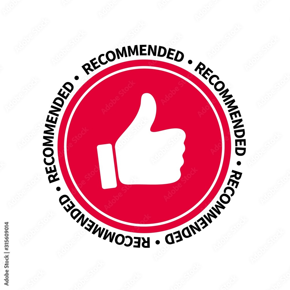 Badge Recommended with thumb up. Flat vector illustration. Badge Recommended with thumb up. Flat vector illustration.