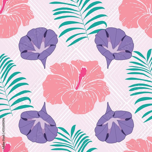 Seamless pattern with hibiscus and morning glory on pink rhombus background