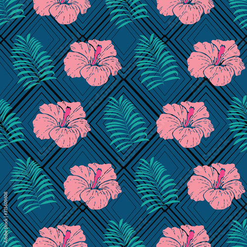 Hibiscus and palm leaf seamless pattern on rhombus black green background