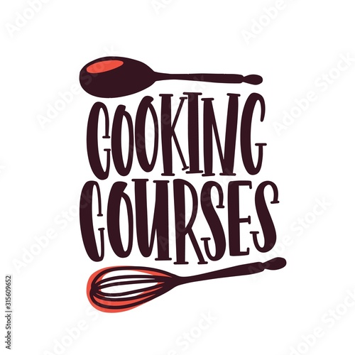 Cooking courses label flat vector logotype. Culinary classes logo, food preparation school isolated on white background. Cartoon spoon and whisk with handwritten lettering sticker.