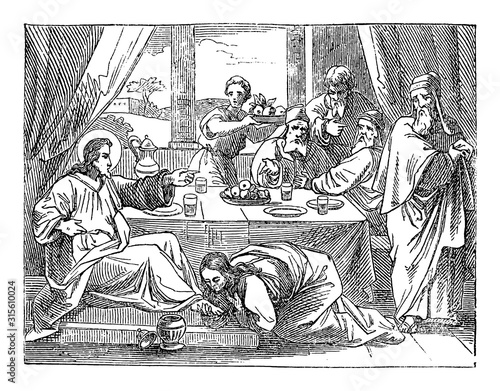 Vintage drawing or engraving of biblical story of sinful woman washing and kissing Jesus feet.Bible, New Testament,Luke 7. Biblische Geschichte , Germany 1859.