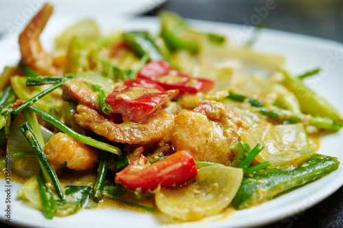 Chinese stir fried shrimp and vegetable with spice 