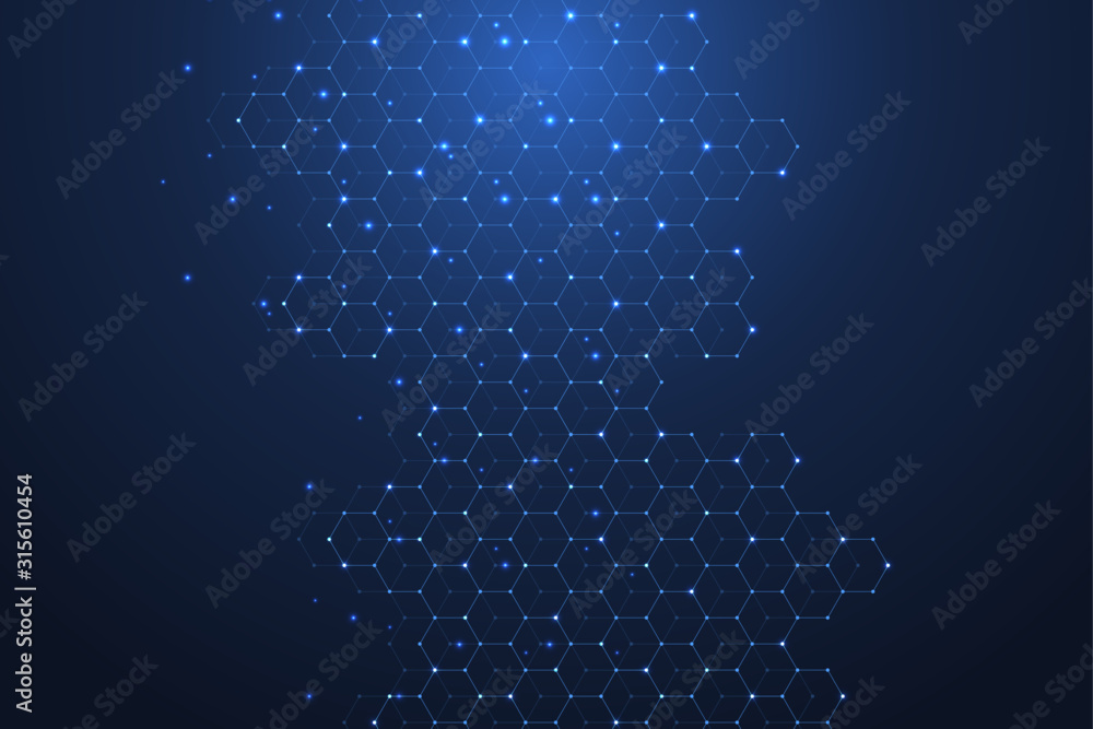 Technology abstract lines and dots connect background with hexagons. Hexagons connection digital data and big data concept. Hex digital data visualization. Vector illustration. - obrazy, fototapety, plakaty 