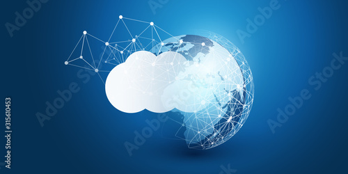 Cloud Computing Design Concept - Digital Connections, Technology Background with Earth Globe, World Map and Geometric Network Mesh