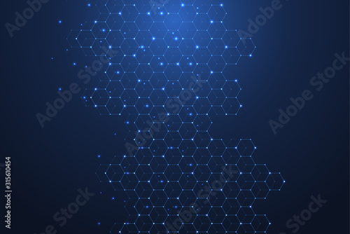 Technology abstract lines and dots connect background with hexagons. Hexagons connection digital data and big data concept. Hex digital data visualization. Vector illustration.