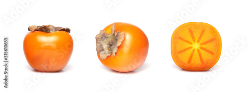 Persimmon fruit isolated on white background. Orange fresh ripe persimmon. Set of persimmons. Collection.