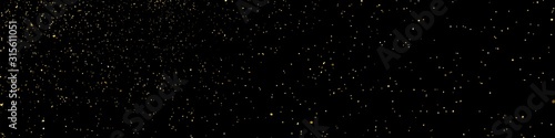 Gold Glitter Texture Isolated On Black. Amber Particles Color. Celebratory Panoramic Background. Golden Explosion Of Confetti. Long Horizontal Banner. Vector Illustration, Eps 10.