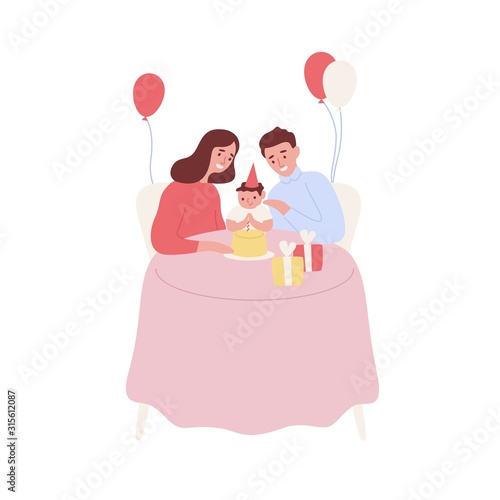 Happy family celebrating baby first birthday vector flat illustration