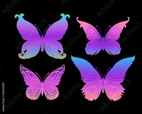 Hand drawn butterfly in bright neon colors. Han drawing design for t-shirt pr...