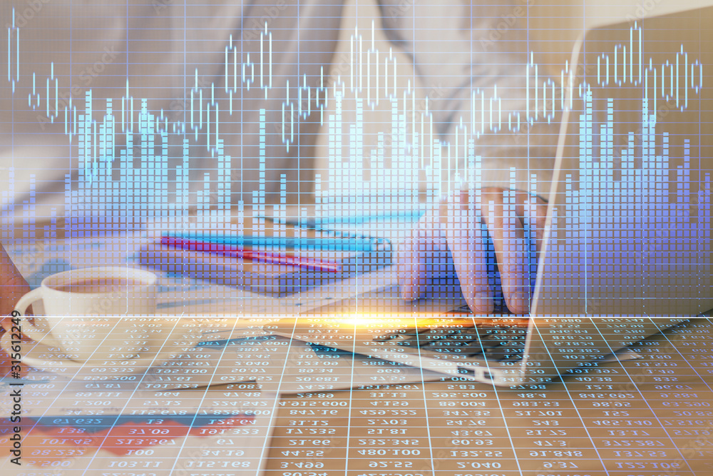 Forex graph with businessman working on computer in office on background. Concept of hardworking. Multi exposure. Forex graph with businessman working on computer in office on background. Concept of hardworking. Multi exposure.