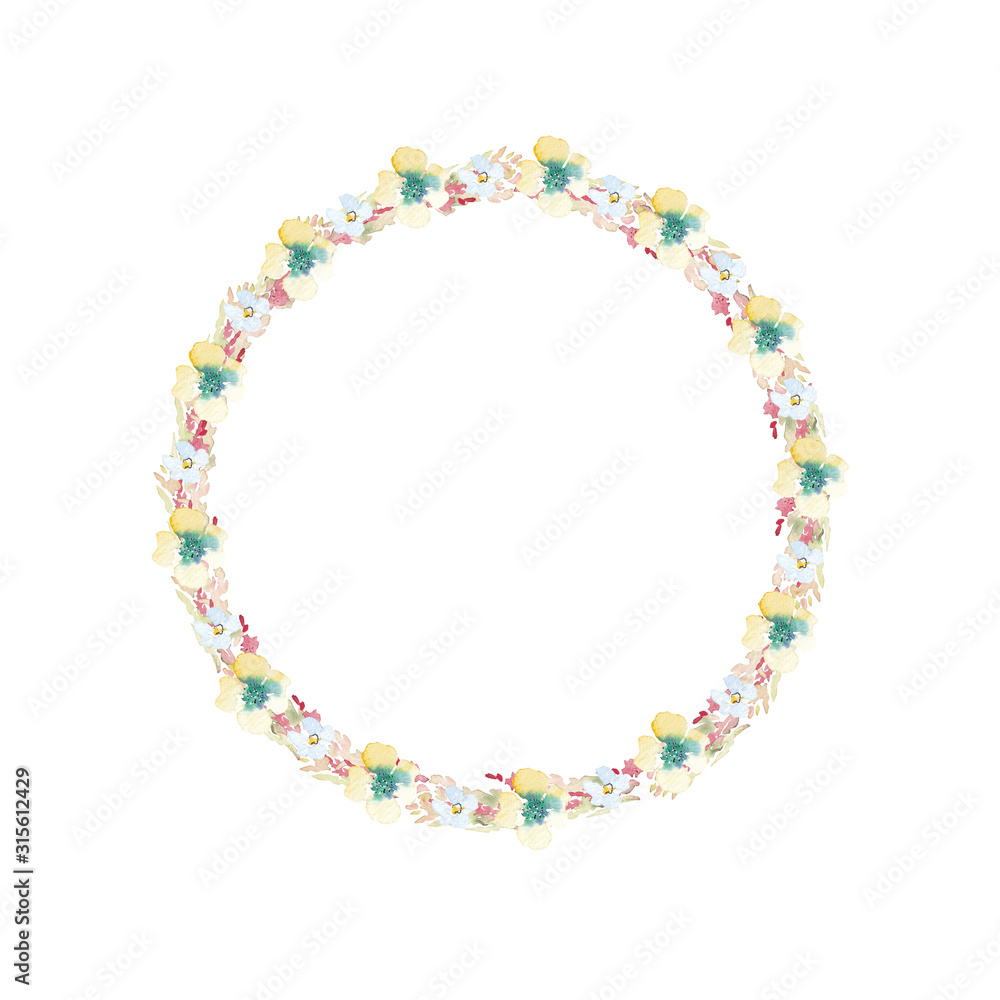 Fototapeta premium Wreath of watercolor flowers on a white background. Use for wedding invitations, birthdays, menus and decorations