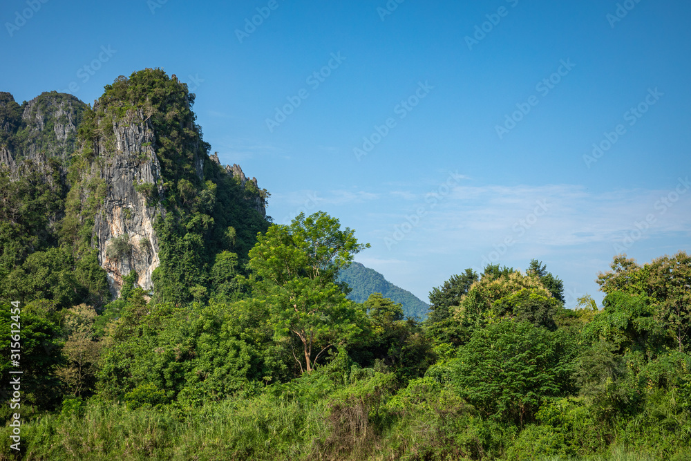 Tropical village Vang Vieng, Laos. Green palms. Tropical village Vang Vieng, Laos. Green palms.