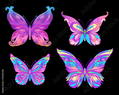 Hand drawn butterfly in bright neon colors. Han drawing design for t-shirt print or tattoo. Isolated vector illustration.