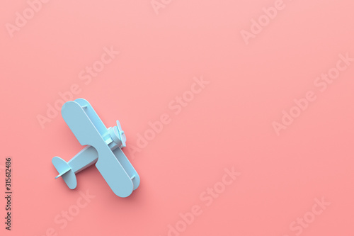 Toy model plane, airplane on pastel pink color background. Flat lay design. 3d render