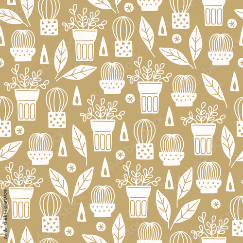 Scandinavian seamless pattern with succulents in pots, triangles, leaves