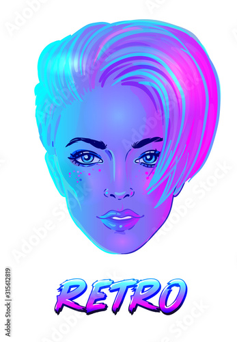 Futuristic synth wave style. Retroparty flyer template. Portrait of a young pretty androgynous woman with short shaved pixie undercut in retro futurism style. Vector illustration in neon bright color