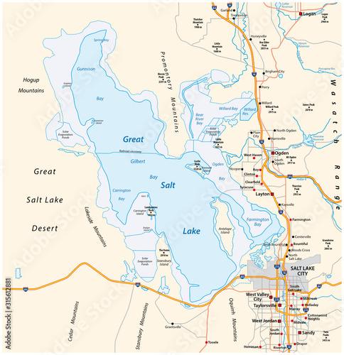 Map of the great salt lake and salt lake city in the state of utah photo