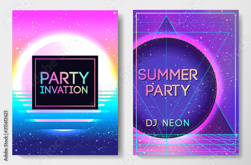 Retro Futurism flyer set. Vector futuristic synth wave illustration. 80s Retro poster Background. Good design for t-shirt and poster background. Futuristic vector illustration