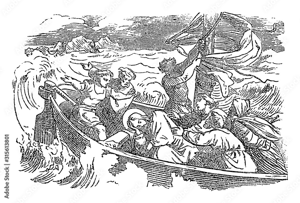 Vintage Drawing Or Engraving Of Biblical Story Of Sleeping Jesus Woke Up And Calms The Storm Over The Lake Bible New Testament Luke 8 Biblische Geschichte Germany 1859 Stock Vector Adobe Stock